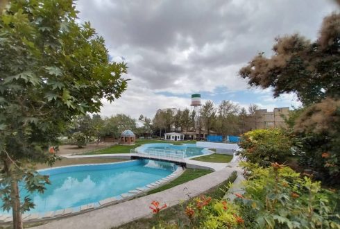 The view from the water pond of the Misagh Melal Grand Hotel